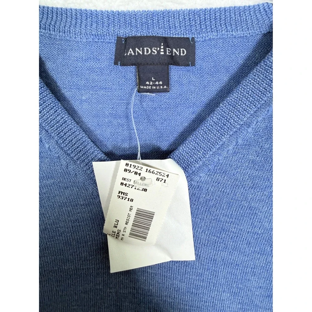 Vintage Lands End Mens Large Blue 100% Wool V-Neck Sweater Made in USA NWT 93718